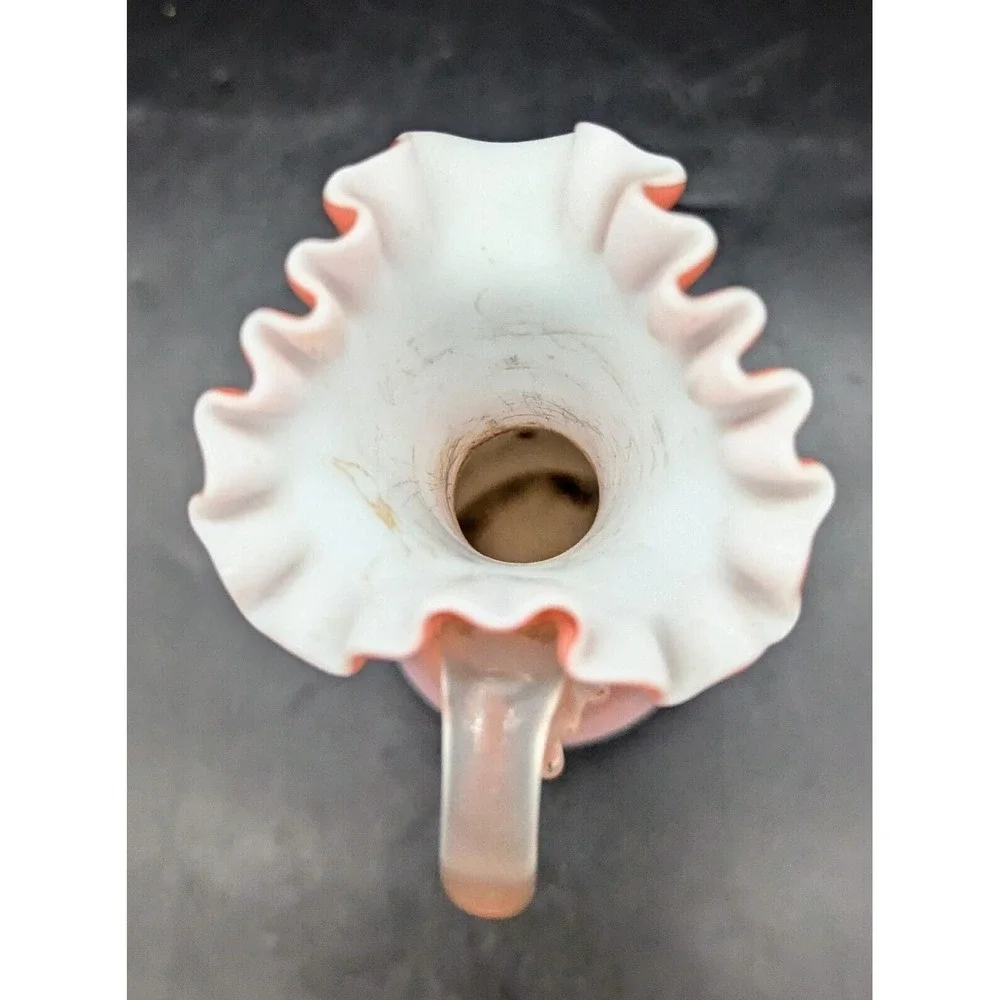 Victorian Peach Satin Glass Ewer / Pitcher Crimped Top & Applied Thorn Handle 8.
